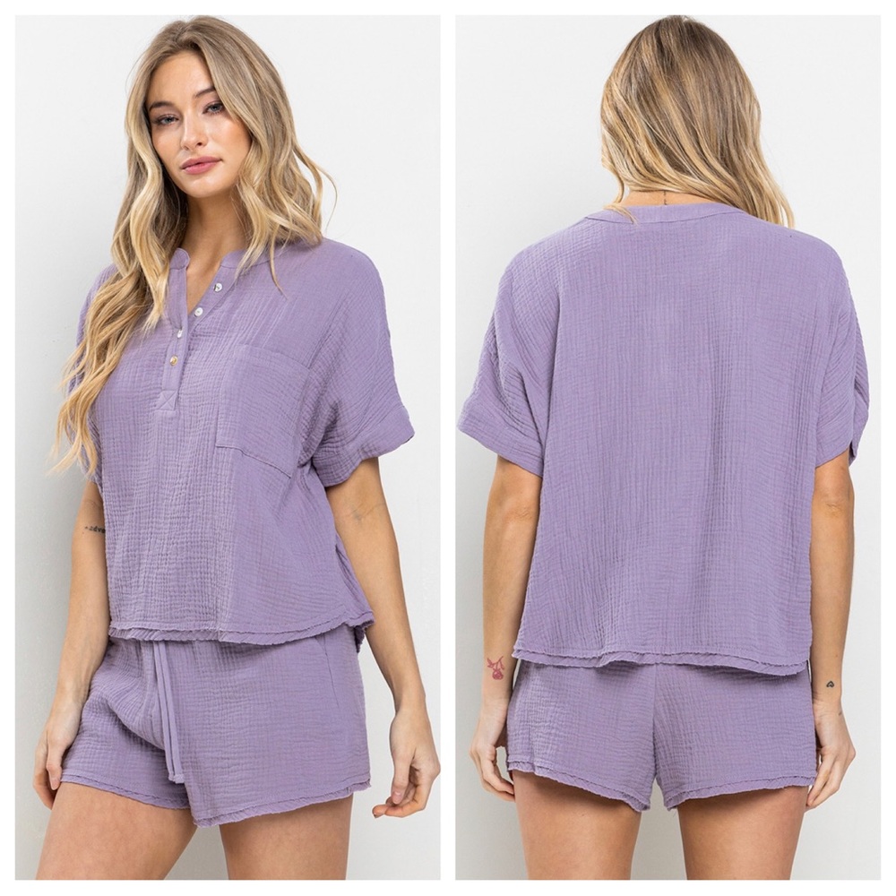 39 Boho Cotton Gauze Short Sleeve Top and Shorts Set - Picture 3 of 4